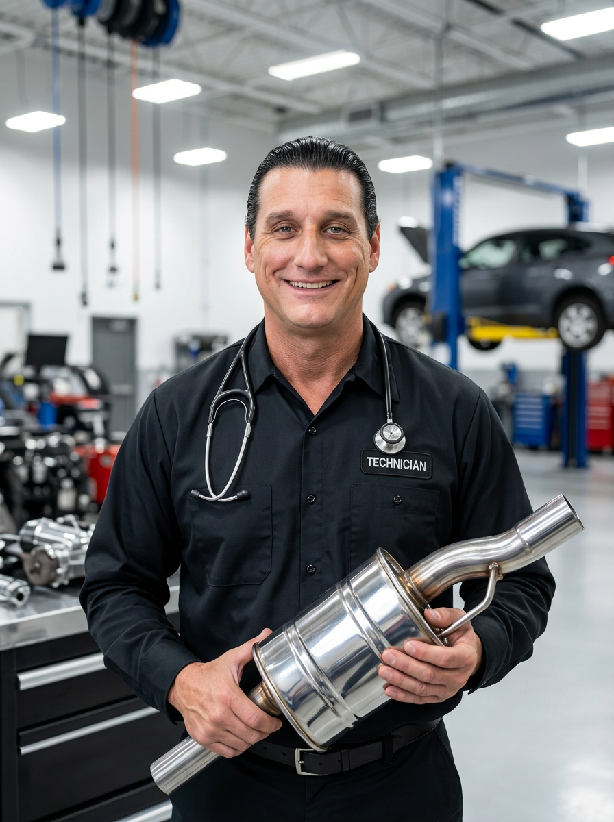 Suncoast master technician with stethoscope holding a muffler